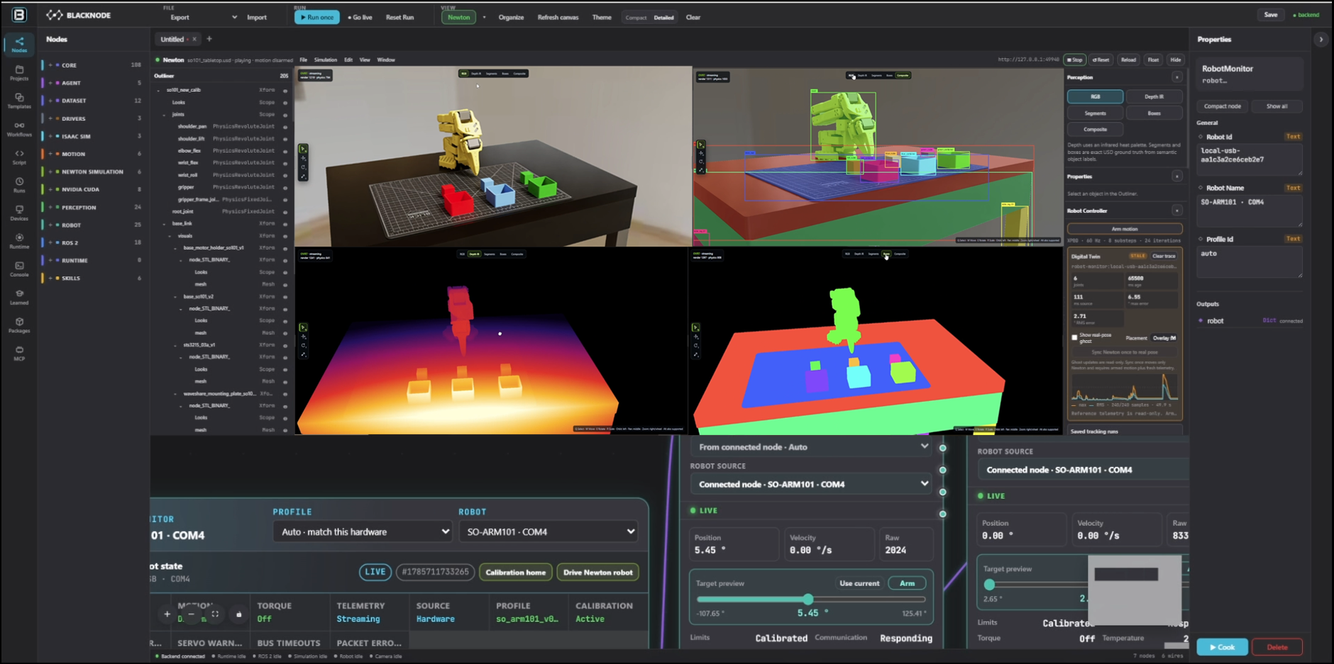 Blacknode Newton workspace showing robot simulation, perception passes, telemetry, and visual workflow controls
